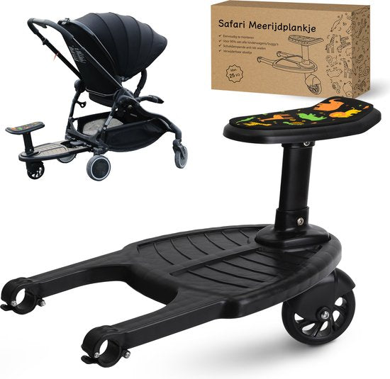 Safari meerijdplankje - Single Wheel - Voor Horizontale As minstens 23 cm - Diameter max. 2,5 cm - Zwart Kunststof & Metaal - Wendbaar & Universeel - Ideaal voor Peuters