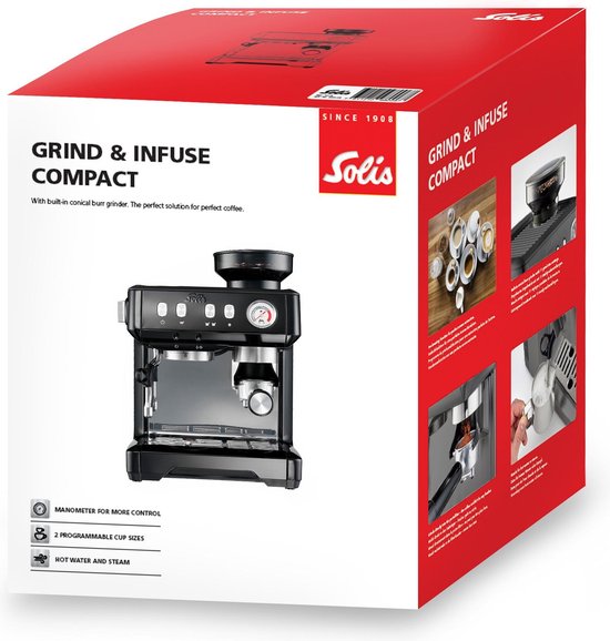 Solis Grind & Infuse Compact 1018 Pistonmachine - Espressomachine - Geschikt voor Pads - RVS Zwart