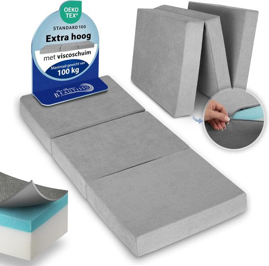 Beautissu VS95 – Premium Opvouwbaar Matras L 80X200cm – Extra Dik 14cm Traagschuim Vouwmatras H3 – Wasbaar – Eenvoudig Transport – Grijs