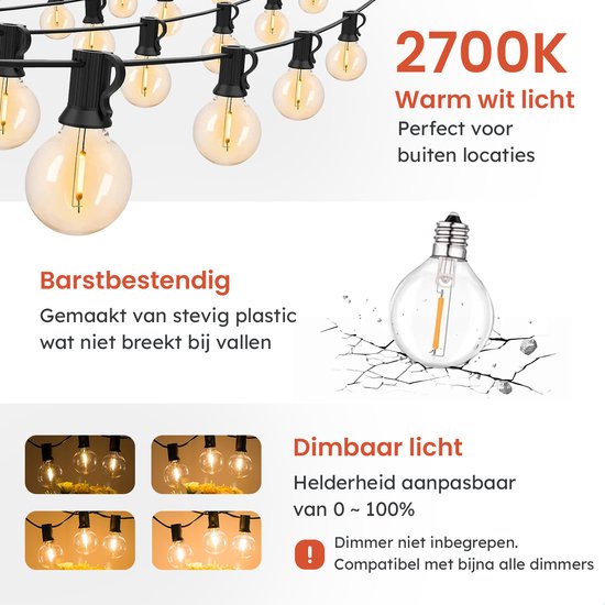 Partizzle 15m Waterdicht Lichtsnoer Rond - 25 LED Lampjes Slinger - Kerst Lichtslinger voor Buiten Terras en Camping - Kerstverlichting / Tuinverlichting - 2700k / Warm Wit