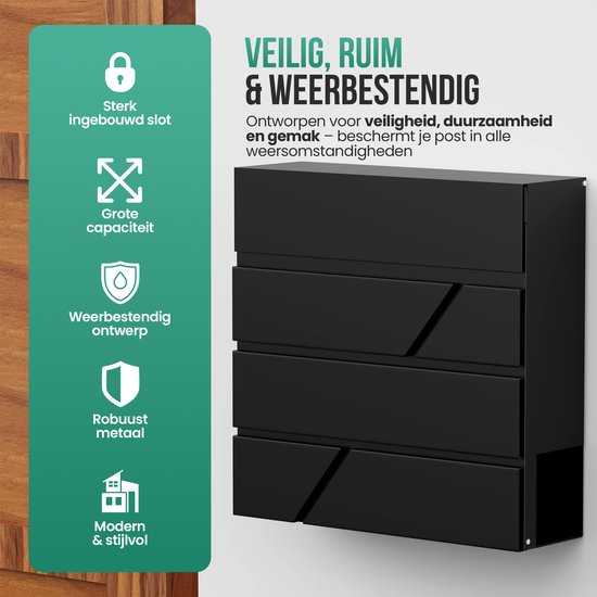 Avalo Brievenbus RVS Zwart met Krantenvak en Slot - Incl. Montagemateriaal & 2 Sleutels