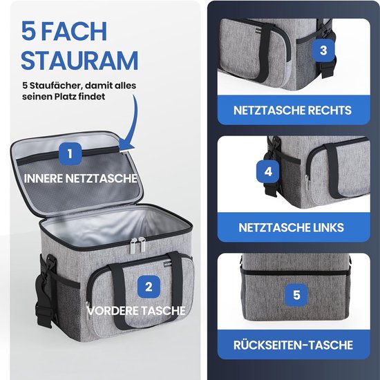 Koeltas voor eten en drinken - geïsoleerde thermische tas lekvrij en waterdicht - ontbijttas, picknicklunchzak, thermische tas, lichtgrijs