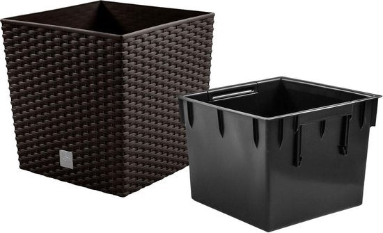 Prosperplast Bloempot/plantenpot Rato - rotan look - met binnenpot - bruin - 32 x 32 x 33 cm - kunststof