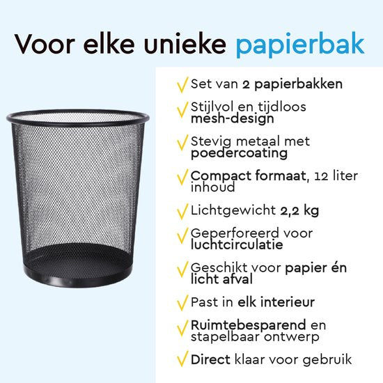 BRASQ 2x Papierbak Rond - Zwart - 12 Liter - Prullenbak - Vuilnisvak - Afvalbak - Papiermand - Metaal - Set van 2
