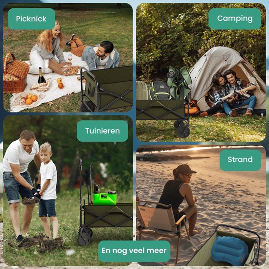 Avalo Bolderkar Opvouwbaar - Tot 90KG draagvermogen - 80L - 80x47x49 CM - 360º Wielen - Bolderwagen / Bolderkarren / Strandkar / Trekkar / Plooibare Bolderkar - Voor Strand - Groen