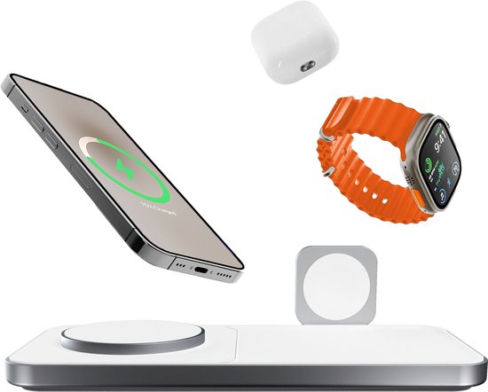 Favolt Site:3 Magsafe 3 in 1 Draadloze Oplader (MFi/QI) Magnetisch Laadstation voor iPhone Apple Watch AirPods Silver