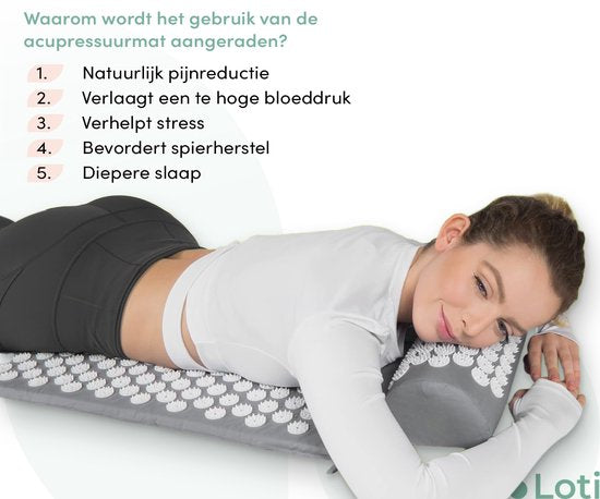 Loti Spijkermat met Spijkerkussen – Grijs/Wit – Acupressuur Mat - Spijkerbed - Acupunctuur Kussen - Shakti Massage – Incl. Draagtas