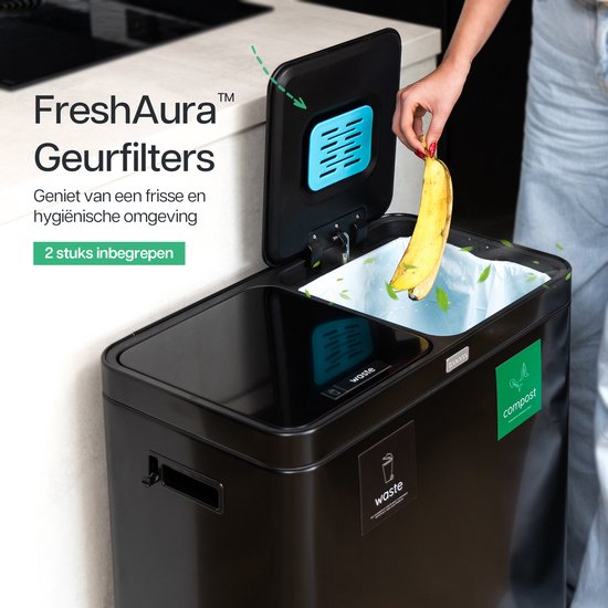 Deleca Recycle Prullenbak - 2 Vakken - 60 Liter (2x30) Afvalbak - FreshAura Geurbestrijding - Slow Close - RVS Zwart