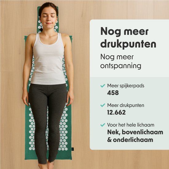 LifeGoods Acupressuur Mat XL - met Kussen - Shakti mat - Spijkermat Incl. 2x Triggerpoint Bal - 128x48x2cm - Groen/Wit
