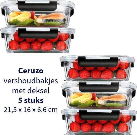 Ceruzo Meal Prep Bakjes - 5 stuks Vershoudbakjes - Borosilicaat Glas- Luchtdicht- 21,5 x 16 x H6,6 cm