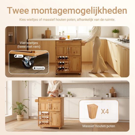 SoBuy Keukentrolley met Lades en Wijnrek, Keukenmeubel op Wieltjes met Werkblad, Compact Kookeiland, Natuurlijke kleur, 66×38×86 cm - FKW45-N