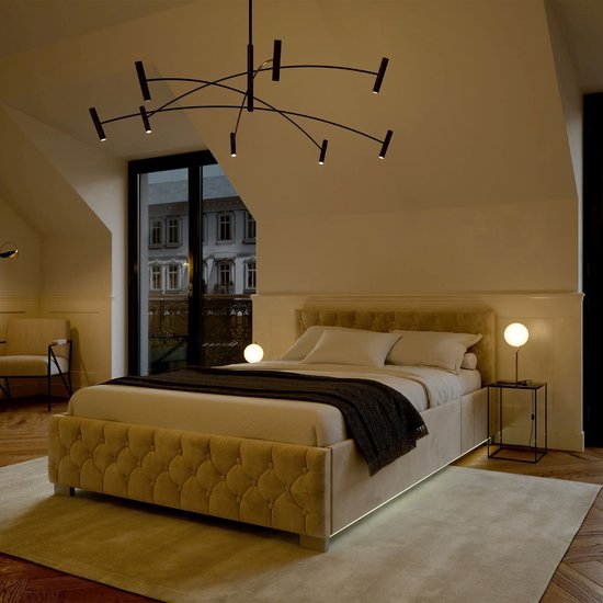 Gestoffeerd Bed Nizza - 140 x 200 cm - Beige - LED Verlichting & Bedlade