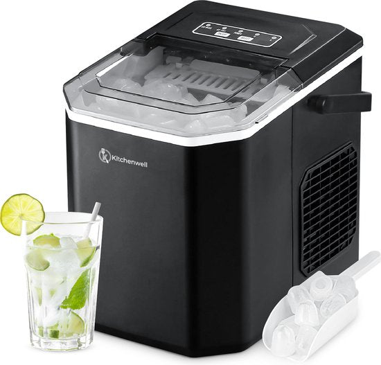 Kitchenwell IJsblokjesmachine – 1.3L - IJsblokjesmaker met IJsschep – 12kg/24 uur – Zelfreinigingsfunctie - Draagbaar - Zwart