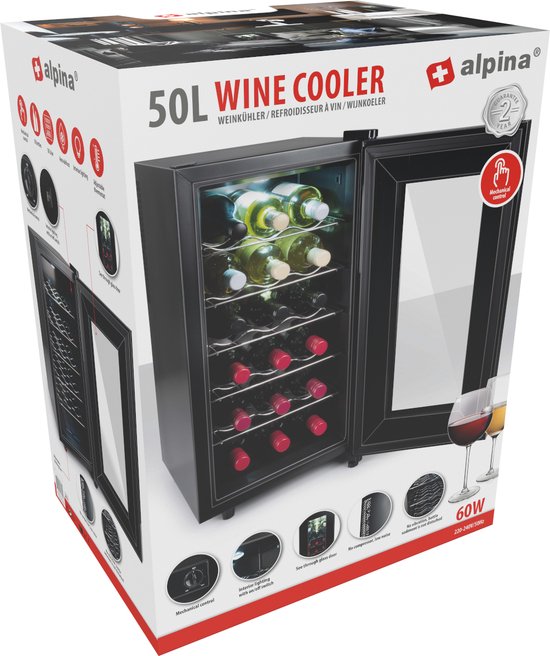 Alpina Wijnklimaatkast - 240V - Tot 22°C - Max. 18 Flessen - 49 x 34.5 x 66cm - Zwart
