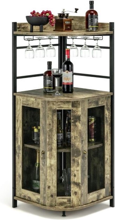 Coast Wijnkast - Hoekmodel - Met Glazenhouder- 46 x 46 x 130 cm - Rustiek bruin