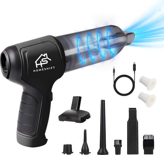 HomeShift® Auto Stofzuiger Draadloos V2 - Kruimelzuiger - Handstofzuiger - Kleine Stofzuiger - Draadloze stofzuiger - Air Duster - Nat & Droog - Zwart