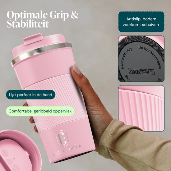 Castagnola Thermosbeker - Koffiebeker To Go - Travel Mug voor Koffie en Thee - Theebeker - 510 ML - RVS - Roze