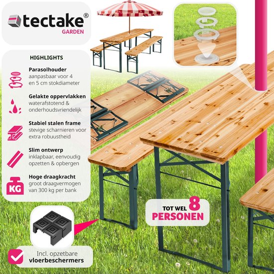 tectake® biertentenset met tafel en 2x bierbanken, met parasolhouder - biertentenset, balkonmeubilair met 1x klaptafel en 2x bierbanken, opvouwbaar, 170 x 46 x 78 cm, gelakt