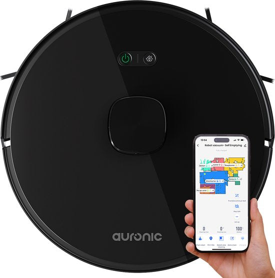 Auronic Robotstofzuiger - Dweilfunctie – 4000 Pa Zuigkracht – 180 min Batterijduur – 34,5 x 34,5 x 9,7 cm – Zwart