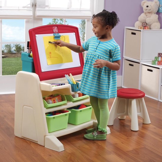 Step2 Flip & Doodle Ezeltje Bureau met stoel voor kinderen - 2-in-1 kinderbureau en schildersezel van plastic / kunststof - Knutseltafel met opbergruimte