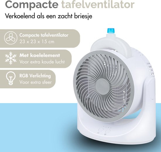 Mini Tafelventilator met Koelelement - Verstelbare Mini Ventilator met 3 Standen - USB Ventilator met LED Licht - 240 ML Koelelement - voor Tafel Bureau Slaapkamer