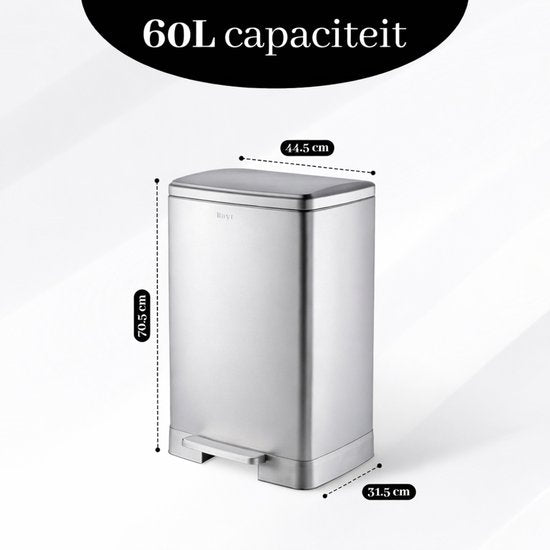 Bayt Prullenbak - Prullenbak 60 Liter - Inclusief 2 rollen vuilniszakken - Vuilnisbak 60 Liter - Pedaalemmer 60 Liter - Afvalbak - RVS - Zilver