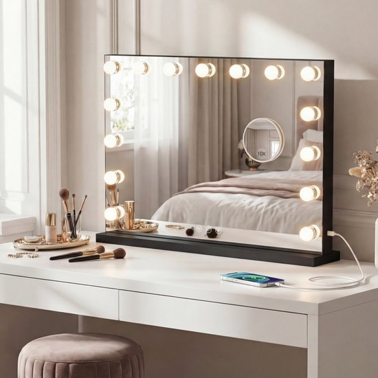 Bayt Hollywood Spiegel met verlichting - Make Up Spiegel met Verlichting - Spiegel Met Verlichting - Dimbaar - 10x Vergroting - 58x46cm - Zwart