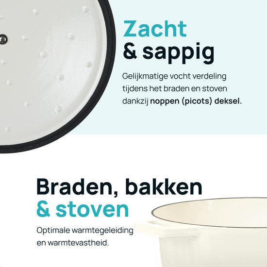 MOA Gietijzeren Braadpan - 7,2L - Voor Alle Warmtebronnen incl. Inductie - Met Deksel - Ø 30cm - Anti-Aanbaklaag - Wit