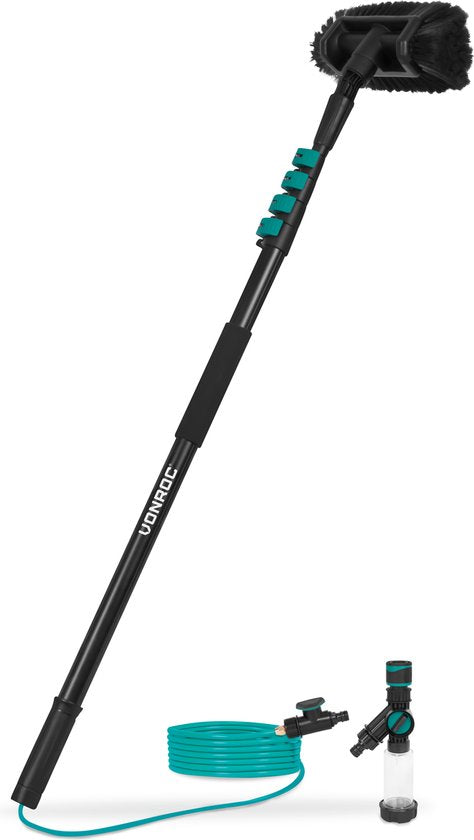 VONROC Telescopische wasborstel – 4,60m - Incl. Borstelkop, waterslang en zeepdispenser