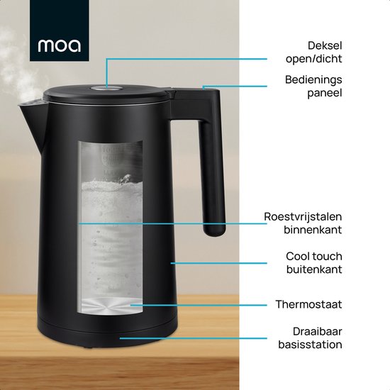 MOA Waterkoker met Temperatuurregeling - 1,7 Liter - Dubbelwandig - Warmhoudfunctie - Elektrische Waterkoker - 2200W - Zwart