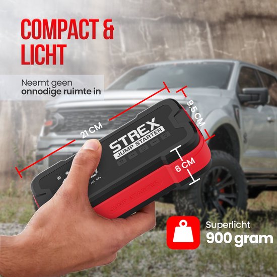 Strex - 12V Jumpstarter & Starthulp Met Compressor - 4000A - 24.000 mAh - 5-in-1 Functie Met Led-zaklamp & SOS - Inclusief Hardcover Tas - Kunststof - Zwart & Rood