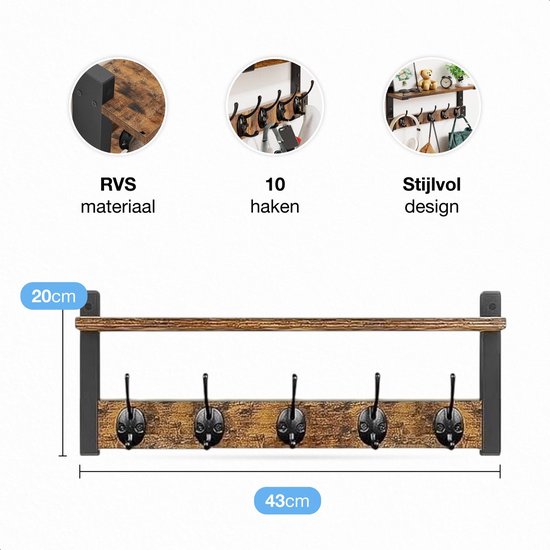 Wand kapstok met plank - 10 haken - Hangend - Kapstokken - Kleer - Kleding - Hangers - Vintage - Muur - Industrieel - Hout - Garde robe - Zwart - Luft