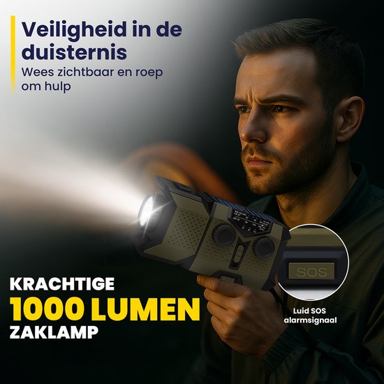 ODESSEY Noodradio Solar Opwindbaar - 2000 mAh Powerbank - Zaklamp - Draagbare Radio - Noodpakket
