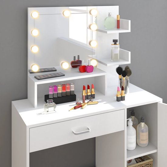 Casaria Make up tafel Jocelyn - Lade Spiegel LED 3 Planken 140x110 - Wit