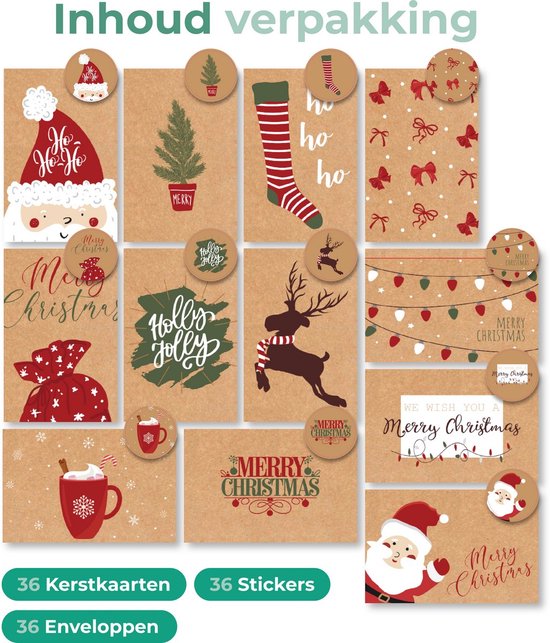 Giftmas Kerst Collectie – Wenskaarten & Kerstkaarten Set – 36 Groetenkaarten met 12 Designs – Inclusief Enveloppen en Stickers – Kraft Papier met Zwarte Bedrukking Voor Feestdagen – 20×15 cm