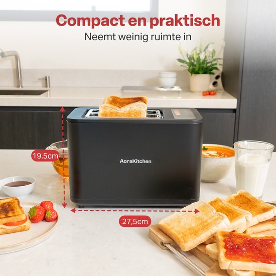 AoraKitchen Broodrooster met Tostiklemmen - 900W - 6 Warmteniveaus - Led Scherm - Toaster - met Timerfuncties - Tosti Apparaat - Zwart