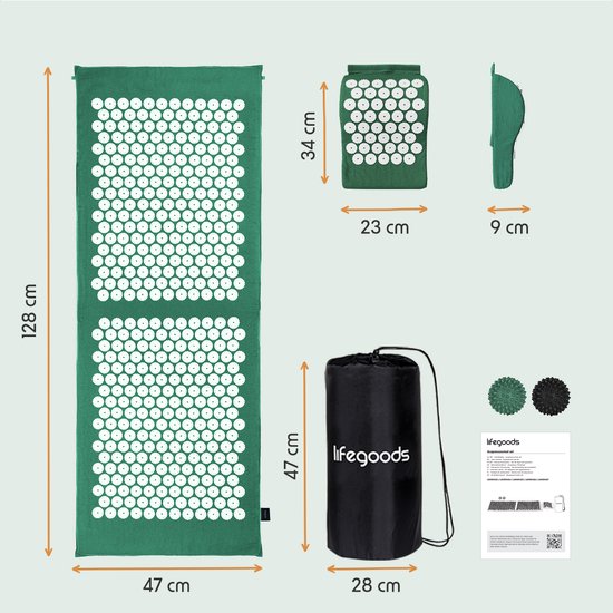 LifeGoods Acupressuur Mat XL - met Kussen - Shakti mat - Spijkermat Incl. 2x Triggerpoint Bal - 128x48x2cm - Groen/Wit
