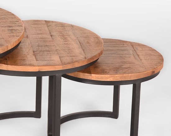 LABEL51 Triplet Salontafel Set – Rond 60 cm – Naturel Hout – Industriële Bijzettafels – Set van 3 – Stoer & Tijdloos Design