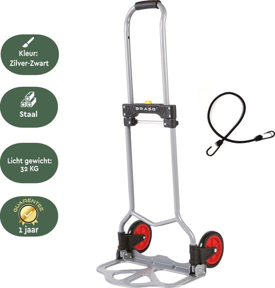 BRASQ Inklapbare steekwagen incl. bagagespin - 60 KG Draagvermogen - Transportwagen - Plateauwagen - Steekkar Staal