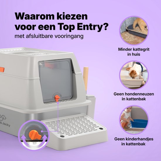 Jake and Jacky RVS Kattenbak Hop In - Kattentoilet Roestvrijstaal - Incl. Kattenbakschep met Houder en Gritopvang Opstapje - Top Entry - 3 in 1 Open Kattenbak met Afneembare Deksel - 60x40x38cm