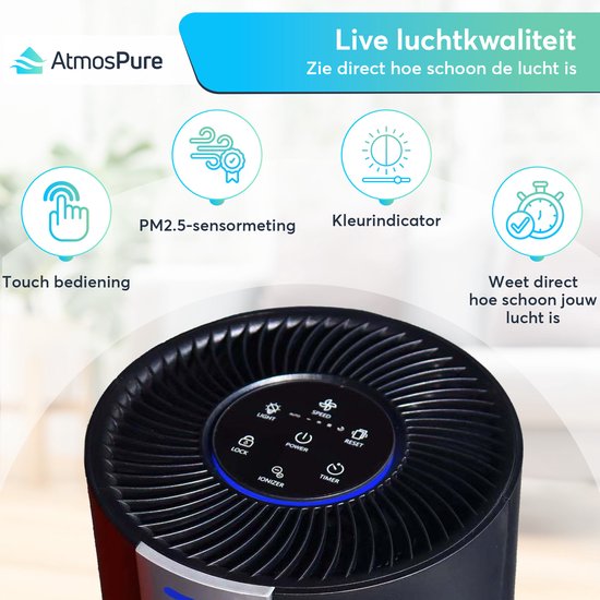 AtmosPure® CleanAir Luchtreiniger - Air Purifier met vervangbaar HEPA 13 + Koolstoffilter - CADR 250 m³/h - Zwart - Voor 98 m² - Werkt tegen huisstofmijt, hooikoorts, allergie, -3 standen + stille slaapstand - Luchtkwaliteit Sensor