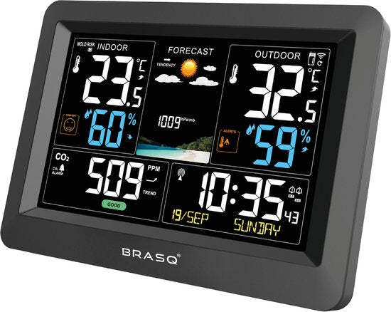 BRASQ Draadloos Weerstation binnen en buiten met CO2 meter - Hygrometer - Met buitensensor tot 60 meter - Luchtvochtigheidsmeter - Thermometer - Barometer - inclusief batterijen