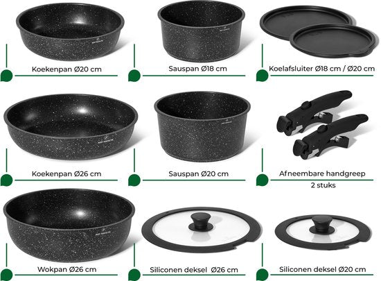 Just Perfecto 11 Delige Pannenset Inductie - Afneembare Handgreep - Pannenset Met Deksel Voor Alle Warmtebronnen - Pannen Zonder PFOA - PFAS
