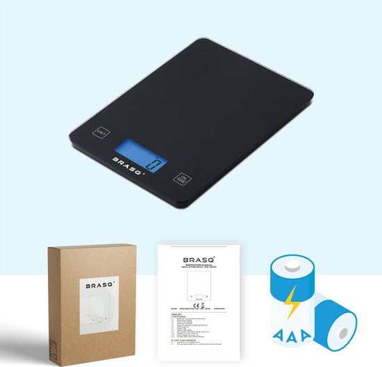 BRASQ Digitale keukenweegschaal Zwart - Inclusief batterijen - Weegschaal Keuken met Tarra-functie - Weegvermogen 10 KG - Precisie Weegschaal