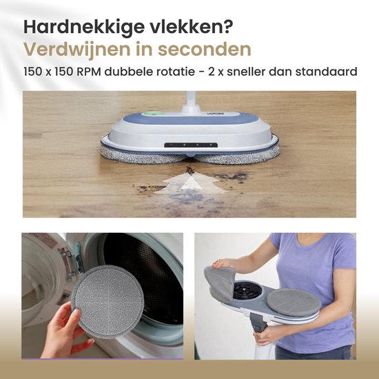 Vapore Elektrische Dweil Draadloos - 150×150 RPM Dual Rotatie - 40 min Accu - LED Verlichting - Vloerreiniger - Alle Harde Vloeren - Stil 77.5 dB - Dweilsysteem met Spray