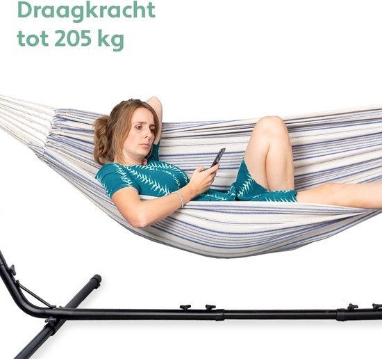 Vita5 Hangmat met Standaard – 2 Persoons – Incl. Bekerhouder – 205kg Draaggewicht – Blauw/Wit