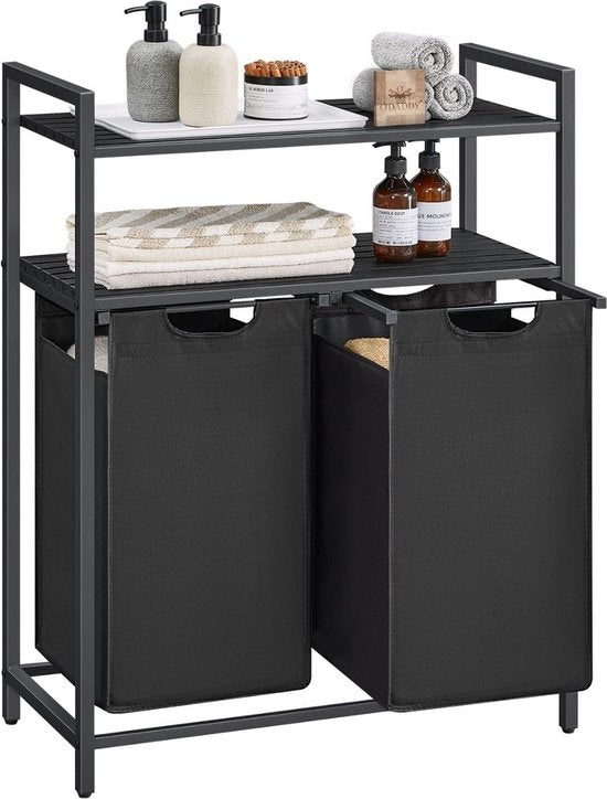 O'DADDY® Wasmand met 2 Vakken & 2 Planken - 76 Liter - Wassorteerder Uitschuifbaar - Was Organizer - Laundry Basket - Wasbox - Wasmanden - Dubbele Wasmand - Zwart/Bruin