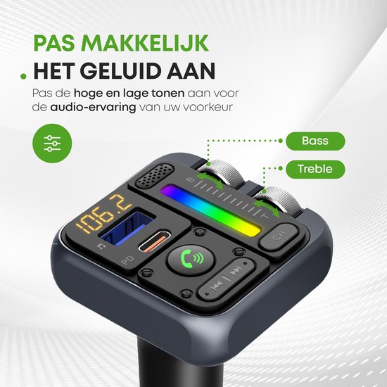 iSetchi Bluetooth FM Transmitter - Quick Charge 3.0 - Auto Carkit - USB C - Draadloos