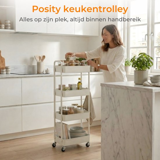 Posity Keukentrolley op wieltjes – Serveerwagen / Opbergtrolley / Keukenrek / Trolley Keuken – Verrijdbaar en Vast – 4 Lagen – Kunststof – Wit