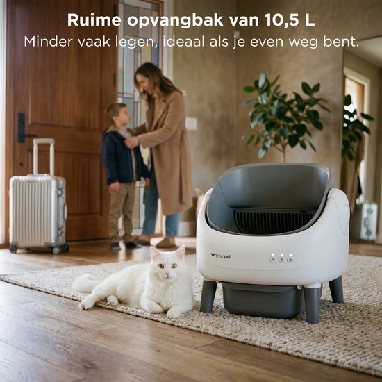 TrevoPet® Air - Automatische Kattenbak met App - Zelfreinigend & Veilig - Voor Katten tot 12KG - Incl. Mat, 60 Afvalzakjes & Accessoires - 10L Afvalbak - Wit & Grijs